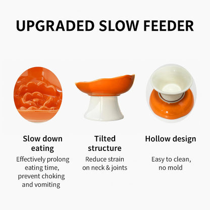 Ceramic Slow Feeder Bowl for Cats and Small Dogs, Elevated Tilted Pet Food Dish, Whisker Friendly Anti-Vomit Design, Heavy Stable Base, Dishwasher Safe， 5 Colors Options (Lemon Yellow)