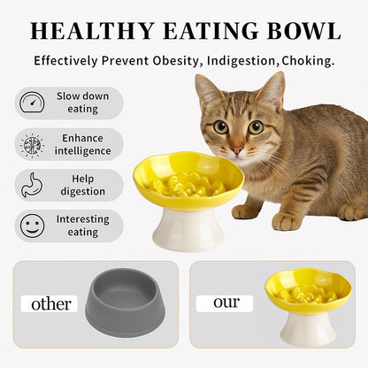 Ceramic Slow Feeder Bowl for Cats and Small Dogs, Elevated Tilted Pet Food Dish, Whisker Friendly Anti-Vomit Design, Heavy Stable Base, Dishwasher Safe， 5 Colors Options (Lemon Yellow)