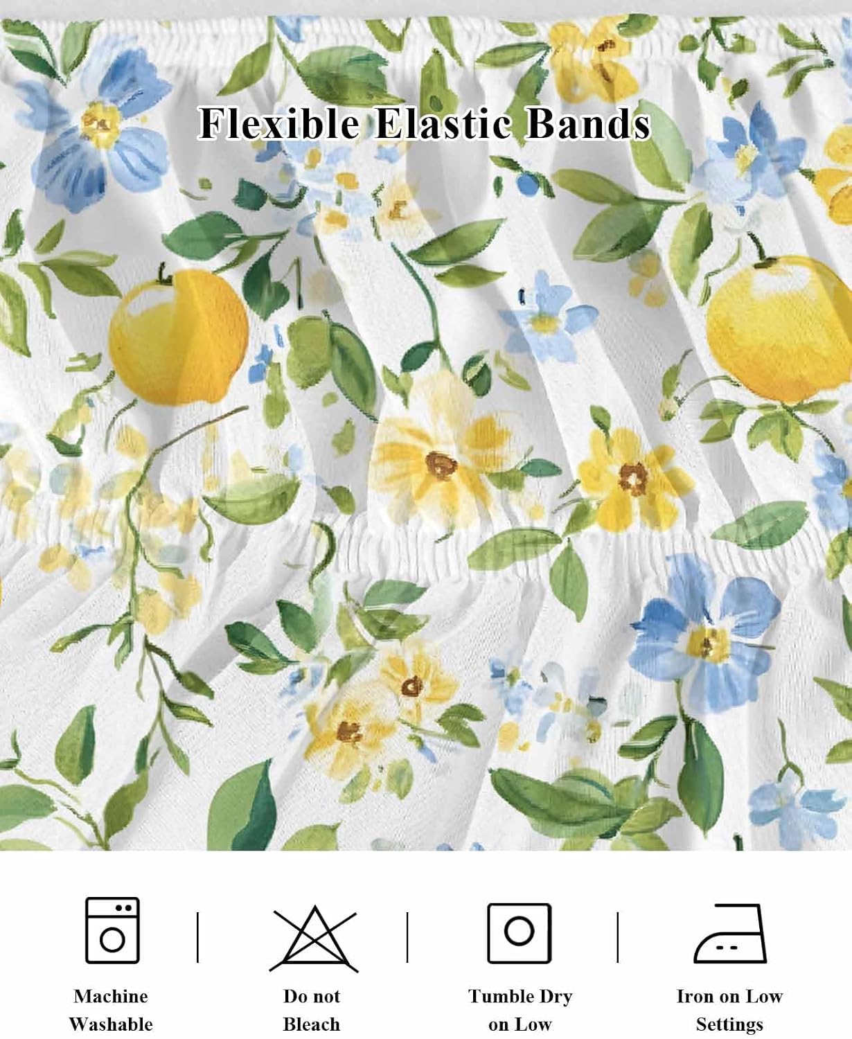 Bed Skirt Lemon Yellow Flowers Ruffle Bed Skirt Wrap Around Bed Skirts for Queen Beds 16" Drop,Adjustable Elastic Dust Ruffles Easy Fit and Wrinkle-Free
