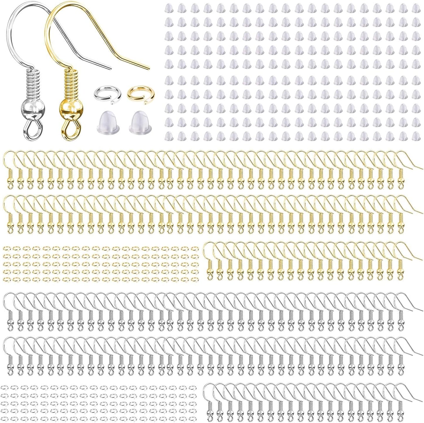 Hypoallergenic Earring Hooks for Jewelry Making, 600 Pcs Earring Making Kit | 600 Pcs Earring Making Supplies with Earring Hooks, Jump Rings and Backs, Earring Findings Wires Fish Hook (Silver & Gold)