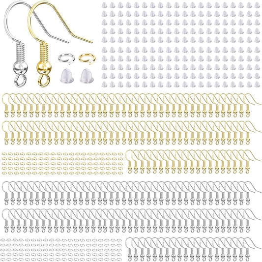 Hypoallergenic Earring Hooks for Jewelry Making, 600 Pcs Earring Making Kit | 600 Pcs Earring Making Supplies with Earring Hooks, Jump Rings and Backs, Earring Findings Wires Fish Hook (Silver & Gold)