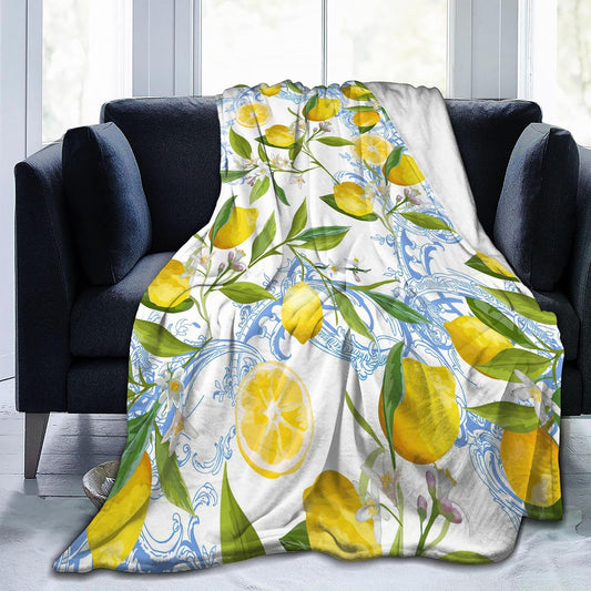 Lemon Floral Blanket Yellow Fruits Green Leaves Lemon Gifts for Women Kids Girls Home Bedroom Living Room Decor Soft Lightweight Throw Blankets 60"x50"