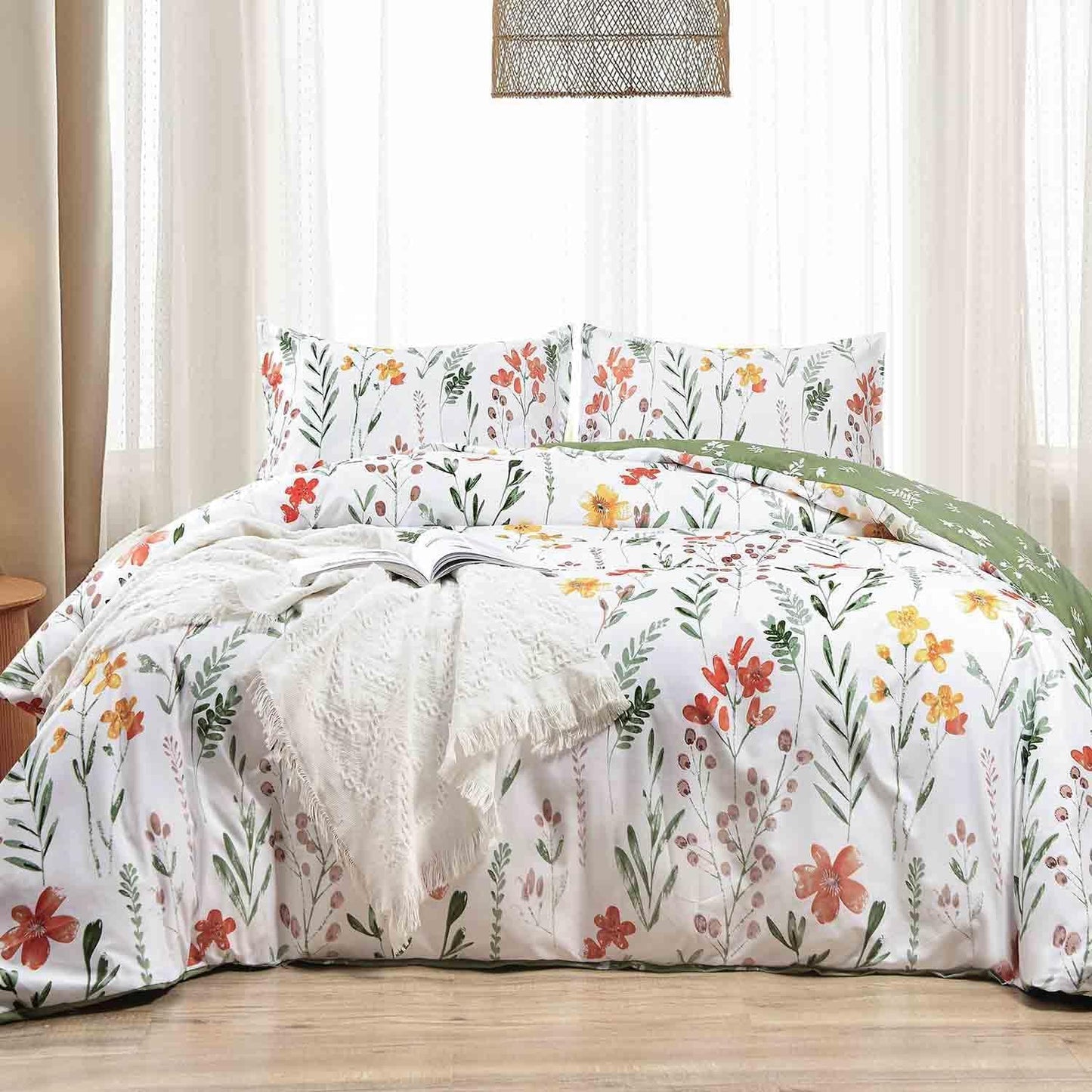 7 Pcs King Size Comforter Set with Sheets, White Green Yellow Floral, Leaf Pattern Print Reversible Alternative Bed Sets - Soft Microfiber Duvet Farmhouse Bedding in a Bag for Women Men 104 x90