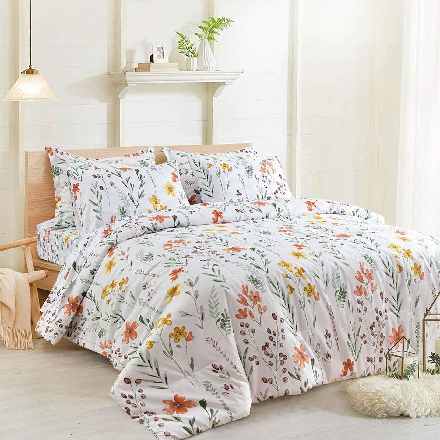 7 Pcs King Size Comforter Set with Sheets, White Green Yellow Floral, Leaf Pattern Print Reversible Alternative Bed Sets - Soft Microfiber Duvet Farmhouse Bedding in a Bag for Women Men 104 x90