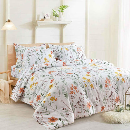 7 Pcs King Size Comforter Set with Sheets, White Green Yellow Floral, Leaf Pattern Print Reversible Alternative Bed Sets - Soft Microfiber Duvet Farmhouse Bedding in a Bag for Women Men 104 x90