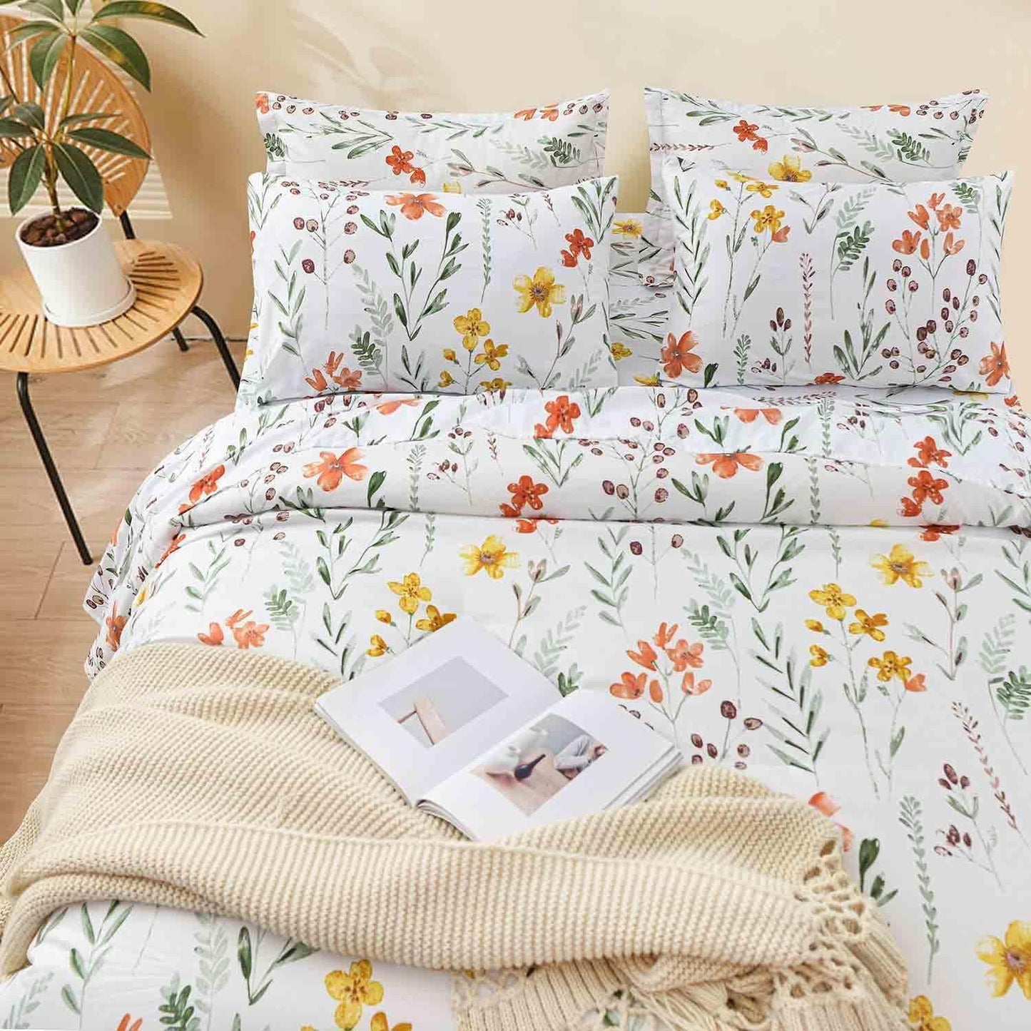 7 Pcs King Size Comforter Set with Sheets, White Green Yellow Floral, Leaf Pattern Print Reversible Alternative Bed Sets - Soft Microfiber Duvet Farmhouse Bedding in a Bag for Women Men 104 x90