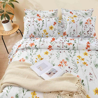 7 Pcs King Size Comforter Set with Sheets, White Green Yellow Floral, Leaf Pattern Print Reversible Alternative Bed Sets - Soft Microfiber Duvet Farmhouse Bedding in a Bag for Women Men 104 x90