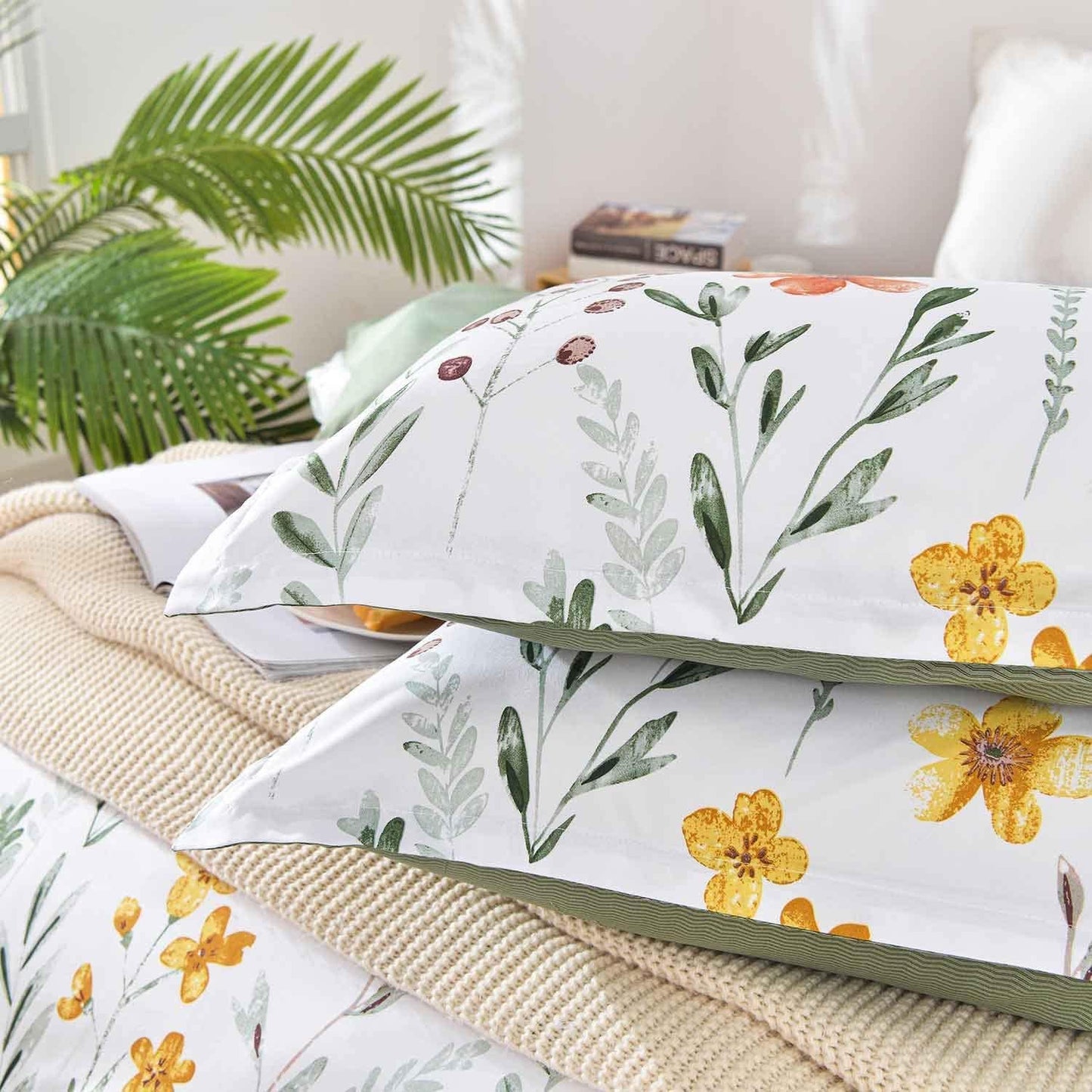 7 Pcs King Size Comforter Set with Sheets, White Green Yellow Floral, Leaf Pattern Print Reversible Alternative Bed Sets - Soft Microfiber Duvet Farmhouse Bedding in a Bag for Women Men 104 x90