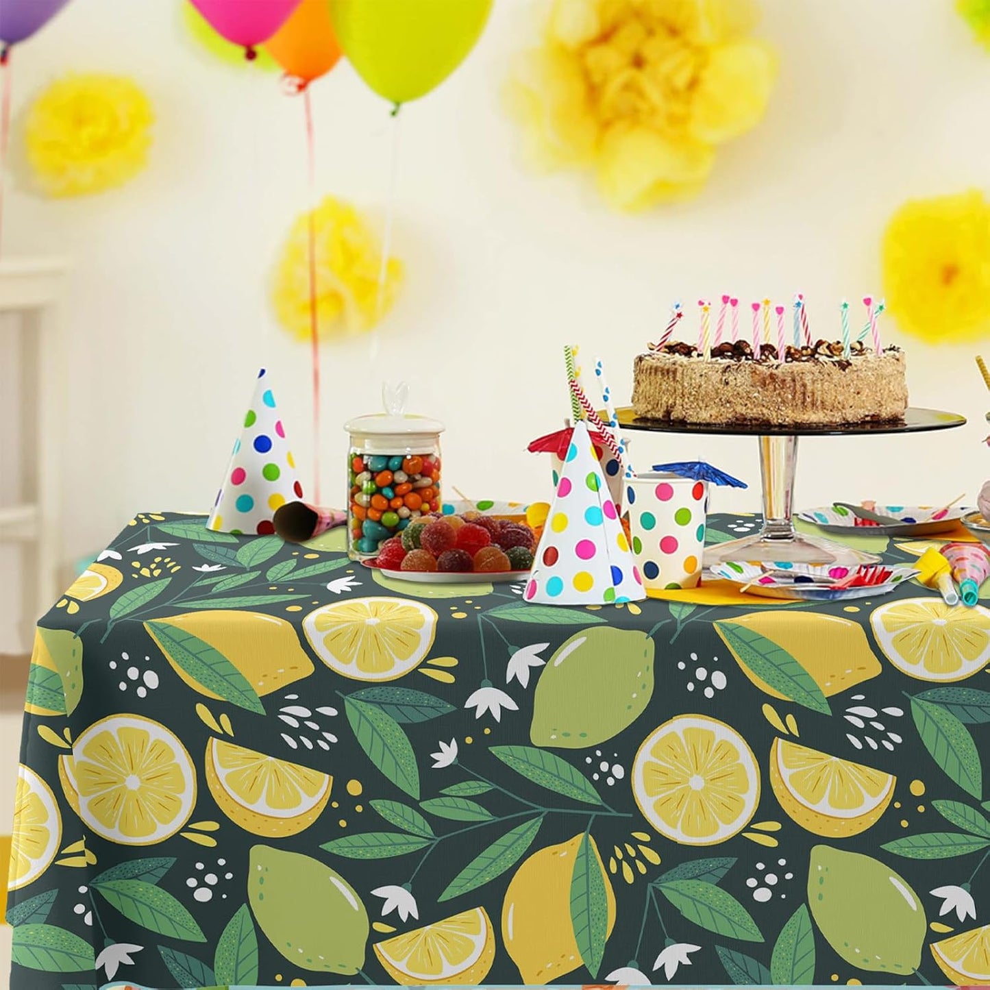 Summer Lemon Lime Tablecloth Yellow Green Fruit Pattern Rectangular for Kitchen Dining Picnic Party Decorations Mediterranean Theme Table Cover 53" x98