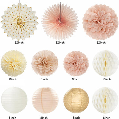 Champagne-Gold Beige Fall Boho Bachelorette Party-Decorations - 21pcs Women Bridal Shower Banner Garland,Bride To Be Paper Streamers Lanterns,Flower Tissue Pom Poms Fan Favors Wedding Decor