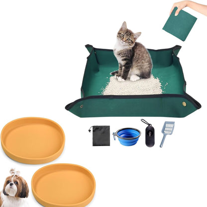 Yellow Silicone Cat Food Bowls Portable Litter Box Kit for Car, Hotels, Outings, Temporary Stays