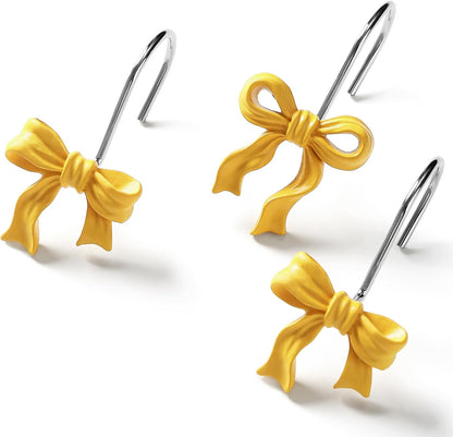 Litabel 12PCS Cute Bow Shower Curtain Hooks, Yellow Bowknot Decorative Shower Curtain Rings, Metal Rustproof Resin Curtain Hooks Shower Rings for Girls Baby Bathroom Art Decoration Accessories