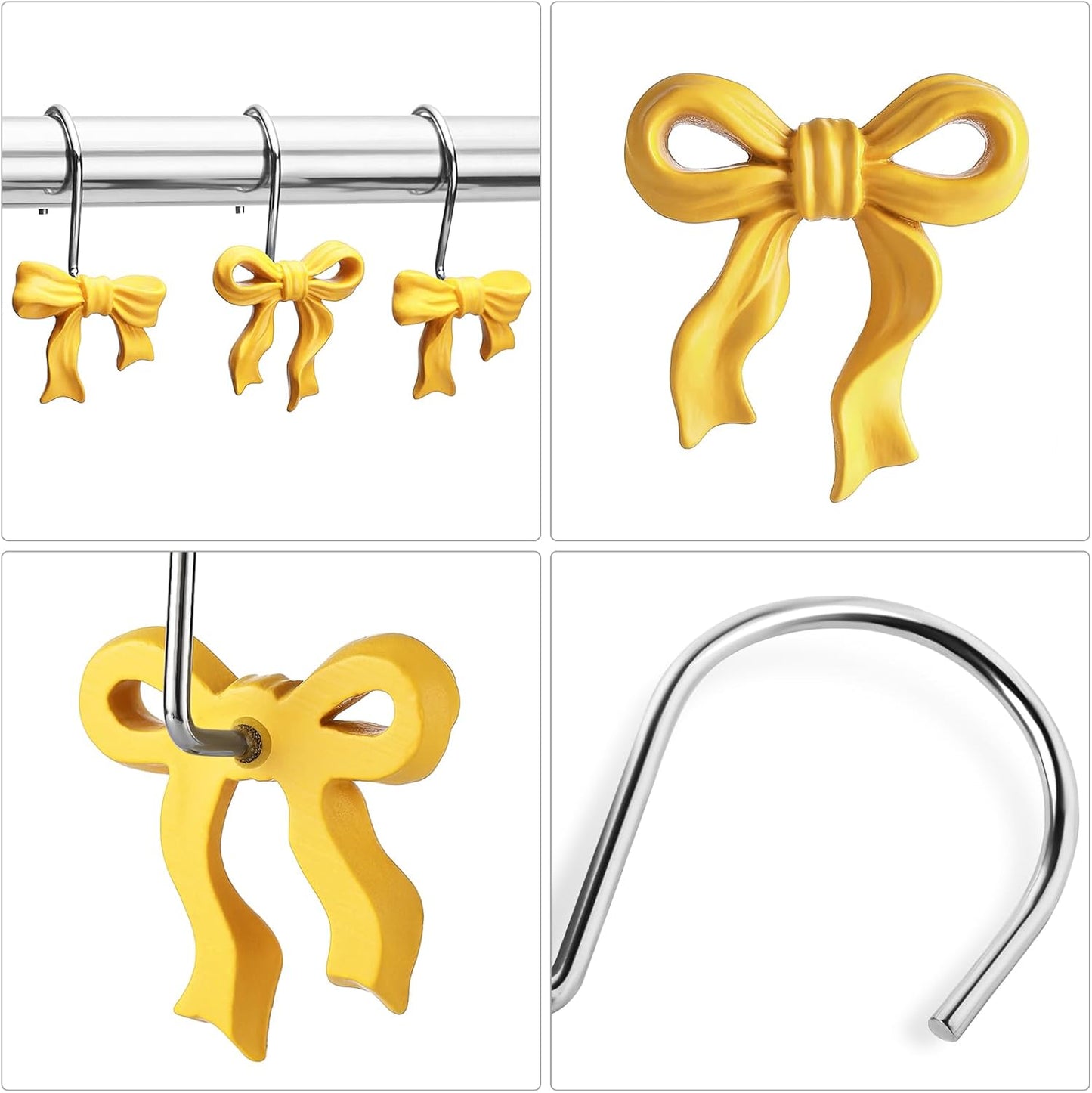 Litabel 12PCS Cute Bow Shower Curtain Hooks, Yellow Bowknot Decorative Shower Curtain Rings, Metal Rustproof Resin Curtain Hooks Shower Rings for Girls Baby Bathroom Art Decoration Accessories