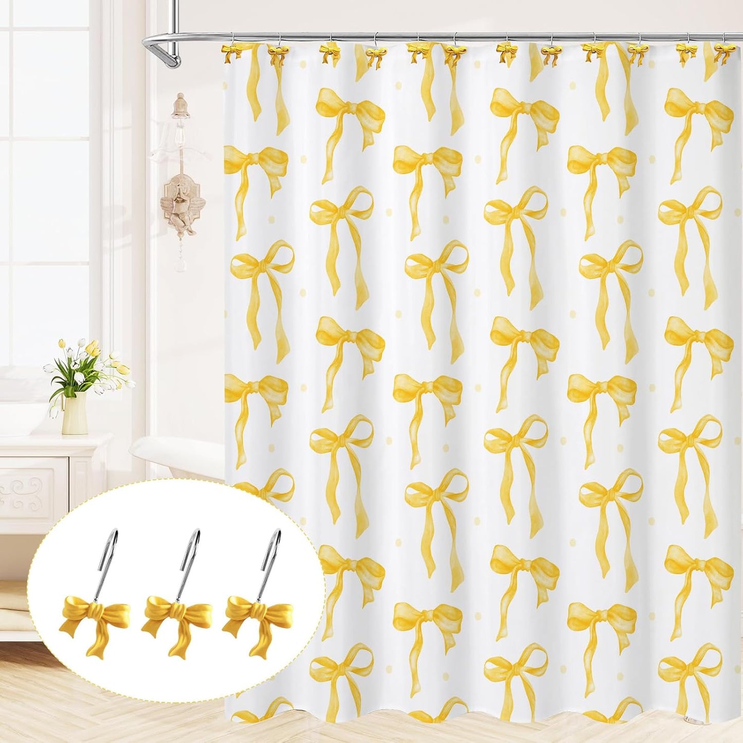 Litabel 12PCS Cute Bow Shower Curtain Hooks, Yellow Bowknot Decorative Shower Curtain Rings, Metal Rustproof Resin Curtain Hooks Shower Rings for Girls Baby Bathroom Art Decoration Accessories