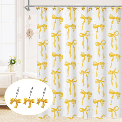 Litabel 12PCS Cute Bow Shower Curtain Hooks, Yellow Bowknot Decorative Shower Curtain Rings, Metal Rustproof Resin Curtain Hooks Shower Rings for Girls Baby Bathroom Art Decoration Accessories