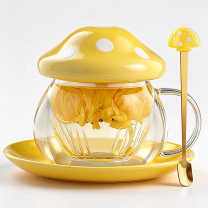 Mushroom Tea Cup Set, Cute Glass Tea Cups and Saucers, Kawaii Teacup with Infuser for Loose Leaf Tea Steeper, Coffee Mugs Birthday Gifts for Women, Tea Infuser Mug with Lid for Mother Girls (Yellow)