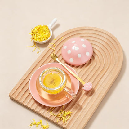Mushroom Tea Cup Set, Cute Glass Tea Cups and Saucers, Kawaii Teacup with Infuser for Loose Leaf Tea Steeper, Coffee Mugs Birthday Gifts for Women, Tea Infuser Mug with Lid for Mother Girls (Yellow)