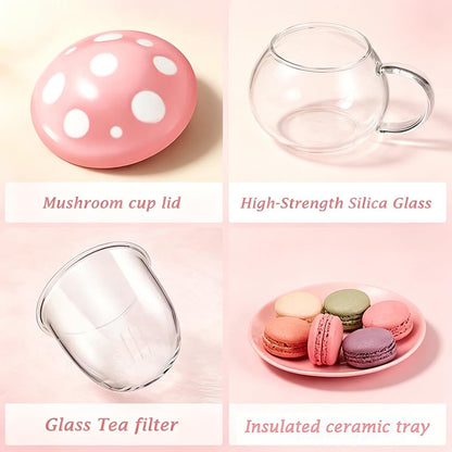 Mushroom Tea Cup Set, Cute Glass Tea Cups and Saucers, Kawaii Teacup with Infuser for Loose Leaf Tea Steeper, Coffee Mugs Birthday Gifts for Women, Tea Infuser Mug with Lid for Mother Girls (Yellow)