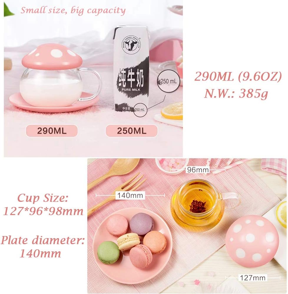 Mushroom Tea Cup Set, Cute Glass Tea Cups and Saucers, Kawaii Teacup with Infuser for Loose Leaf Tea Steeper, Coffee Mugs Birthday Gifts for Women, Tea Infuser Mug with Lid for Mother Girls (Yellow)