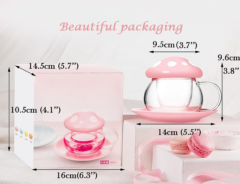 Mushroom Tea Cup Set, Cute Glass Tea Cups and Saucers, Kawaii Teacup with Infuser for Loose Leaf Tea Steeper, Coffee Mugs Birthday Gifts for Women, Tea Infuser Mug with Lid for Mother Girls (Yellow)