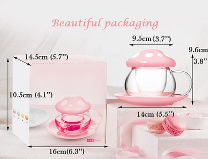 Mushroom Tea Cup Set, Cute Glass Tea Cups and Saucers, Kawaii Teacup with Infuser for Loose Leaf Tea Steeper, Coffee Mugs Birthday Gifts for Women, Tea Infuser Mug with Lid for Mother Girls (Yellow)