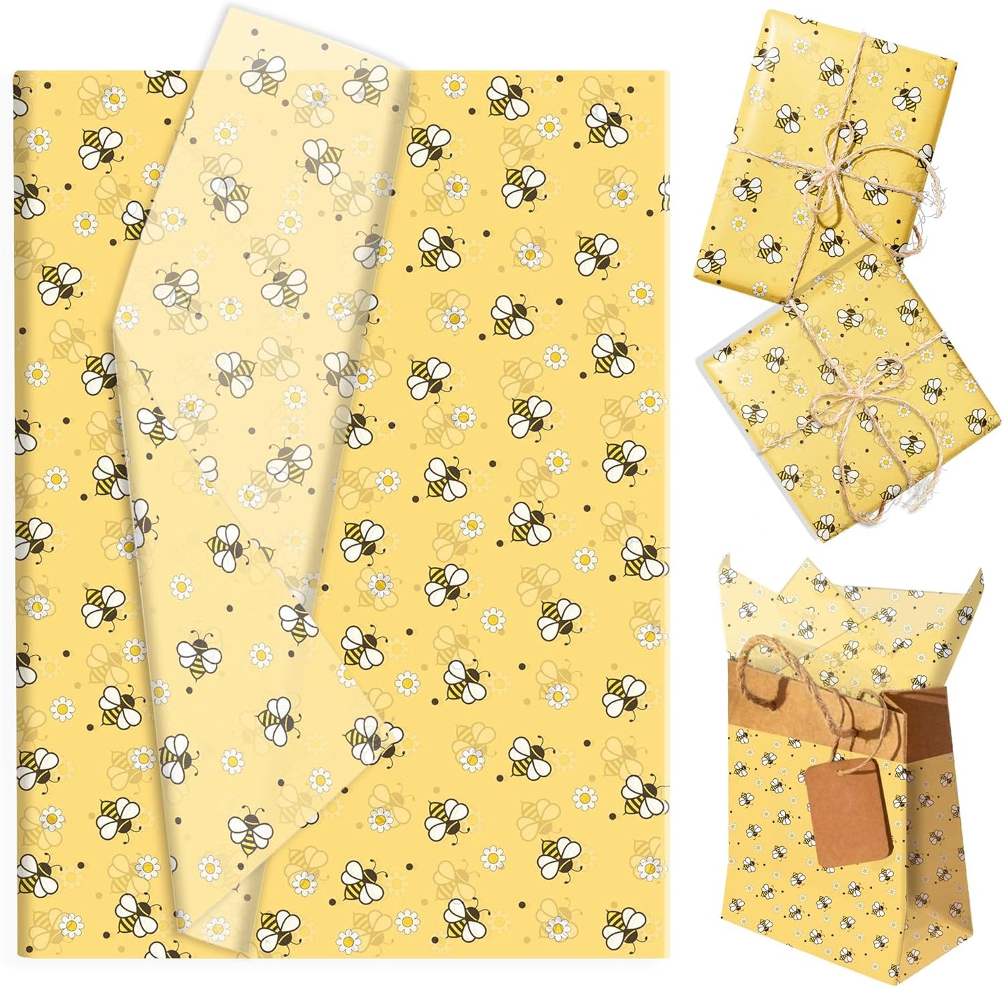100Sheets Bee Tissue Paper Supplies Yellow Honeybee Gift Wrap Tissue Paper for Summer Spring Birthday Baby Shower Party DIY Crafts Decors, 13.8 x 19.7 inches