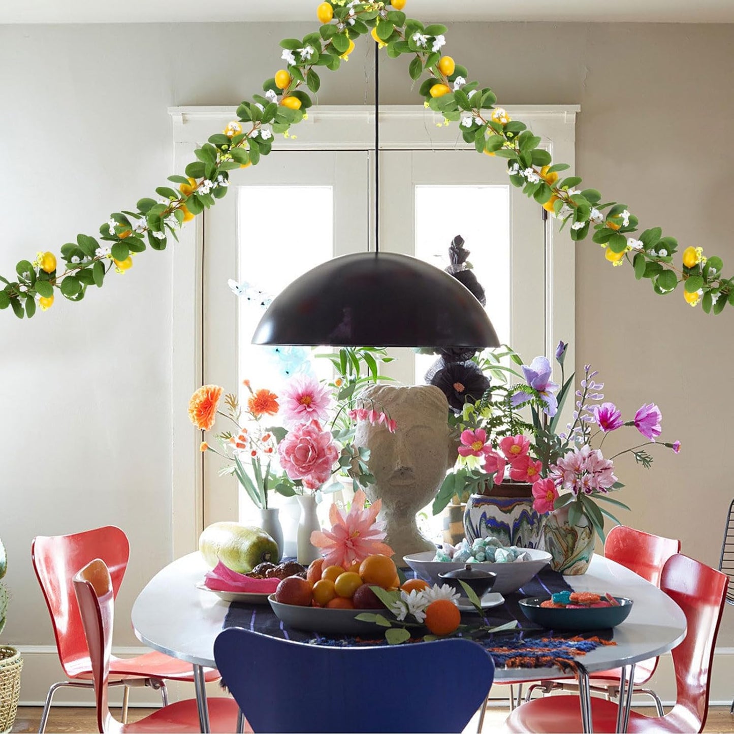 2Pcs Total 11 Ft Artificial Lemon Garland Spring Summer Faux Fruit Vine Garlands with Greenery for Door Wall Mantle Wedding Party Table Decorations