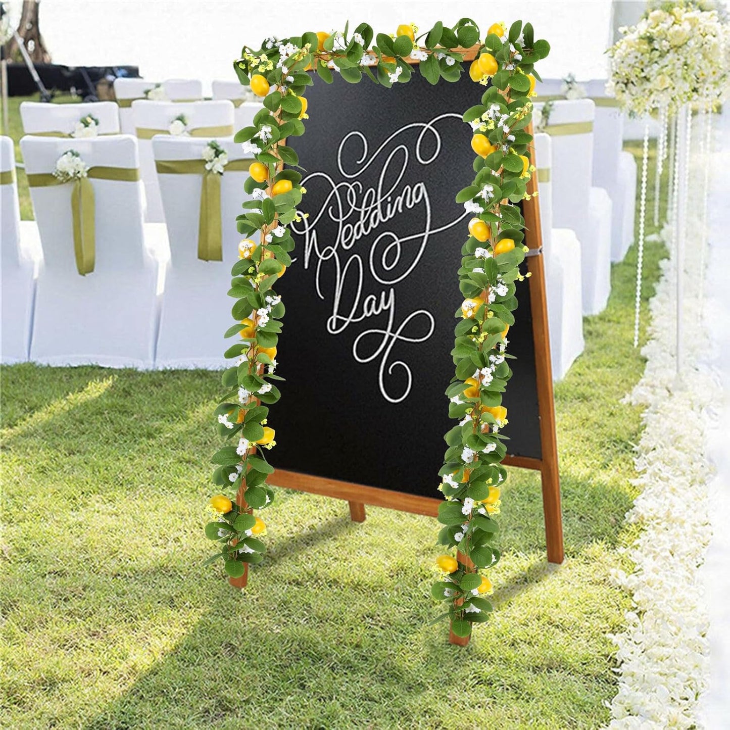 2Pcs Total 11 Ft Artificial Lemon Garland Spring Summer Faux Fruit Vine Garlands with Greenery for Door Wall Mantle Wedding Party Table Decorations