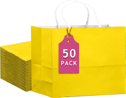 50-Packs Bright Yellow Paper Gift Bags with Handles Bulk 12.6"x4.3"x10" Wide Large Size Party Favor Bags Multiple Uses