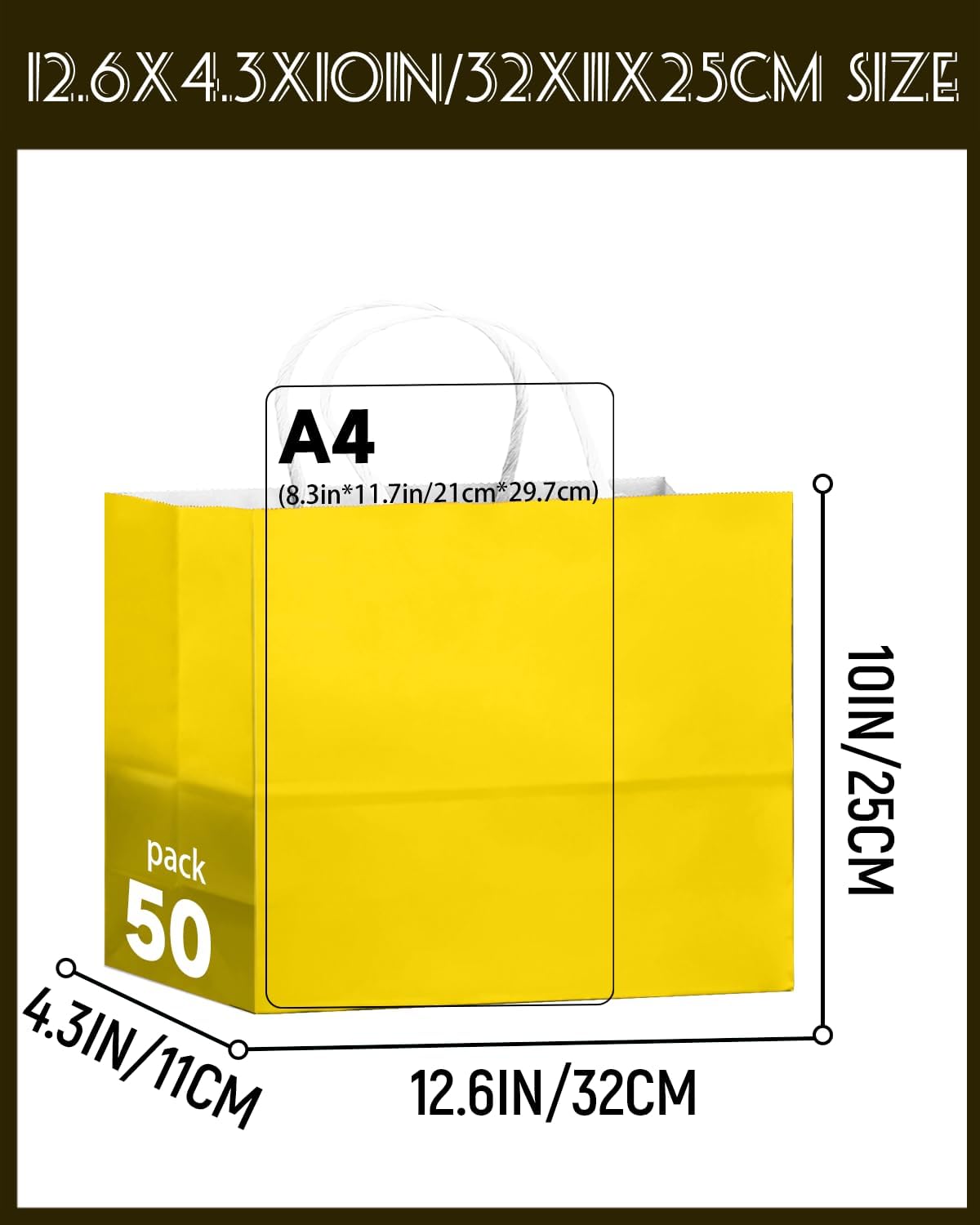 50-Packs Bright Yellow Paper Gift Bags with Handles Bulk 12.6"x4.3"x10" Wide Large Size Party Favor Bags Multiple Uses
