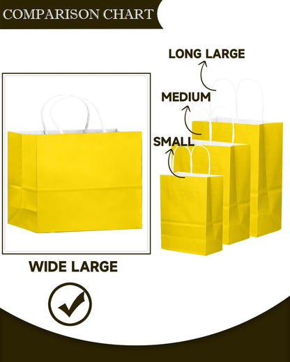 50-Packs Bright Yellow Paper Gift Bags with Handles Bulk 12.6"x4.3"x10" Wide Large Size Party Favor Bags Multiple Uses