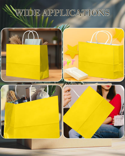 50-Packs Bright Yellow Paper Gift Bags with Handles Bulk 12.6"x4.3"x10" Wide Large Size Party Favor Bags Multiple Uses