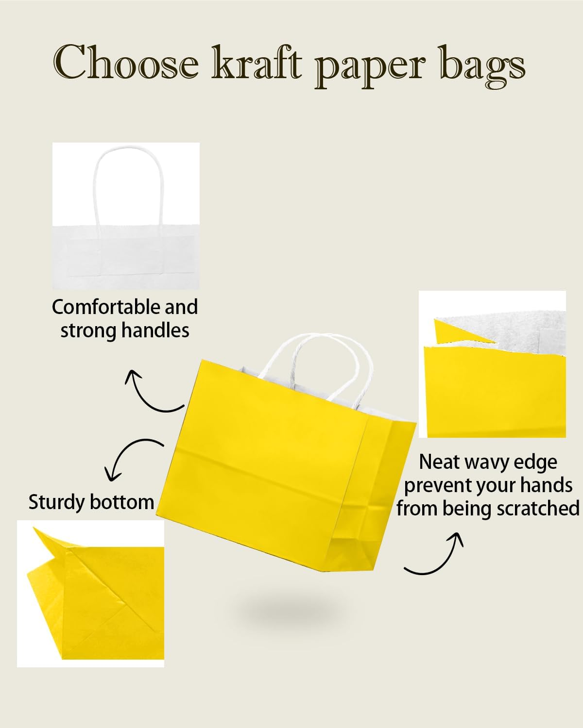 50-Packs Bright Yellow Paper Gift Bags with Handles Bulk 12.6"x4.3"x10" Wide Large Size Party Favor Bags Multiple Uses