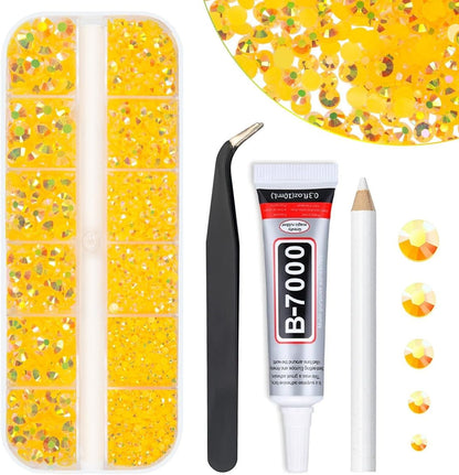 Orange Yellow AB Resin Rhinestones w B7000 Jewelry Glue for Bedazzling Crafting 2mm-6mm Dark Yellow Flatback Jelly Stones Diamonds Gems Charms Supplies for Nails Face Eye Makeup Tumblers Crafts