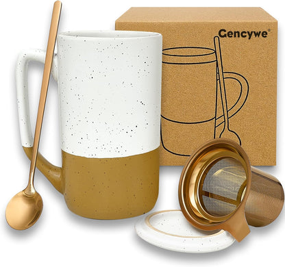 Ceramics Large Tea Cup with Loose Leaf Infuser, Spoon and Lid, 16 oz Tall Coffee Mug, Microwave and Dishwasher Safe, Rustic Matte Ceramic Glaze, Tea Strainer, Amber
