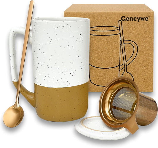 Ceramics Large Tea Cup with Loose Leaf Infuser, Spoon and Lid, 16 oz Tall Coffee Mug, Microwave and Dishwasher Safe, Rustic Matte Ceramic Glaze, Tea Strainer, Amber