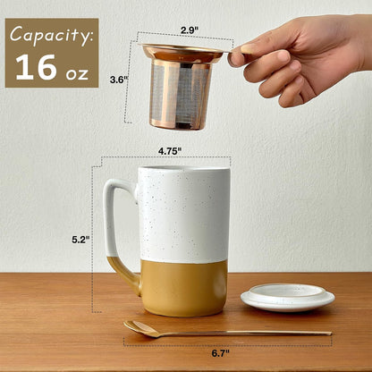 Ceramics Large Tea Cup with Loose Leaf Infuser, Spoon and Lid, 16 oz Tall Coffee Mug, Microwave and Dishwasher Safe, Rustic Matte Ceramic Glaze, Tea Strainer, Amber