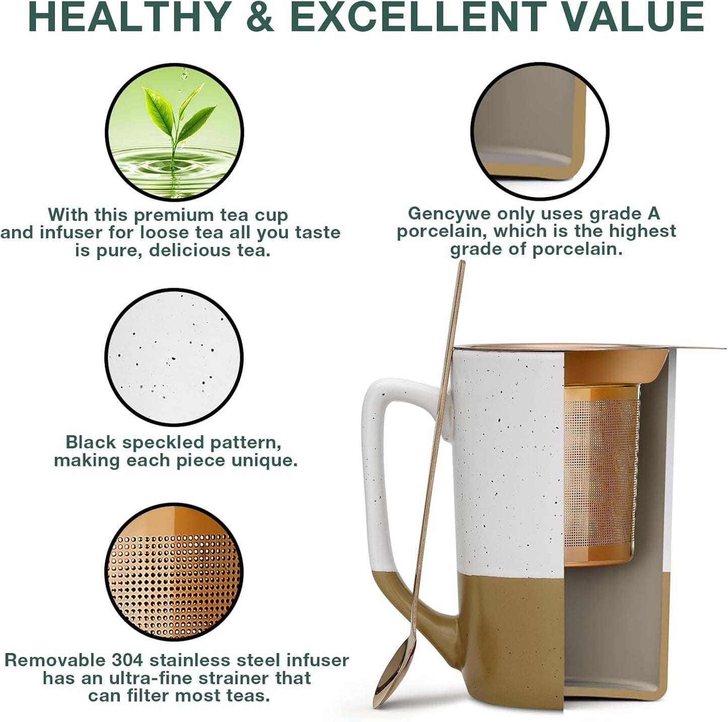Ceramics Large Tea Cup with Loose Leaf Infuser, Spoon and Lid, 16 oz Tall Coffee Mug, Microwave and Dishwasher Safe, Rustic Matte Ceramic Glaze, Tea Strainer, Amber