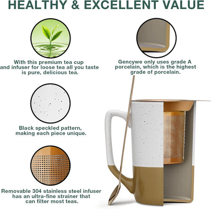 Ceramics Large Tea Cup with Loose Leaf Infuser, Spoon and Lid, 16 oz Tall Coffee Mug, Microwave and Dishwasher Safe, Rustic Matte Ceramic Glaze, Tea Strainer, Amber