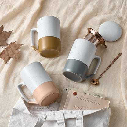 Ceramics Large Tea Cup with Loose Leaf Infuser, Spoon and Lid, 16 oz Tall Coffee Mug, Microwave and Dishwasher Safe, Rustic Matte Ceramic Glaze, Tea Strainer, Amber