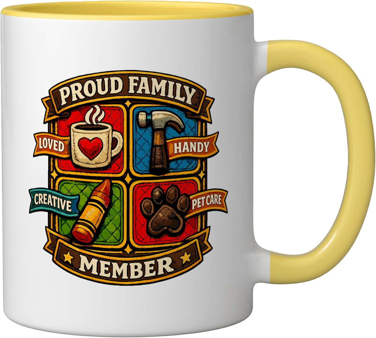 Proud Family Member Loved Handy Creative Pet Care Rustic Ceramic Mug, Yellow/White