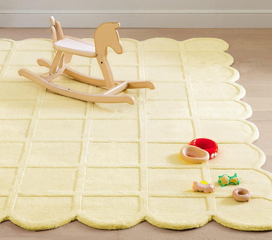 Scallop Shaped Luxury Handmade Wool, Hand-Tufted Premium Area Rug with Non-Slip Natural Cotton Backing for Living Room & Bedroom(Light Yellow,2'6''x12',Runner)