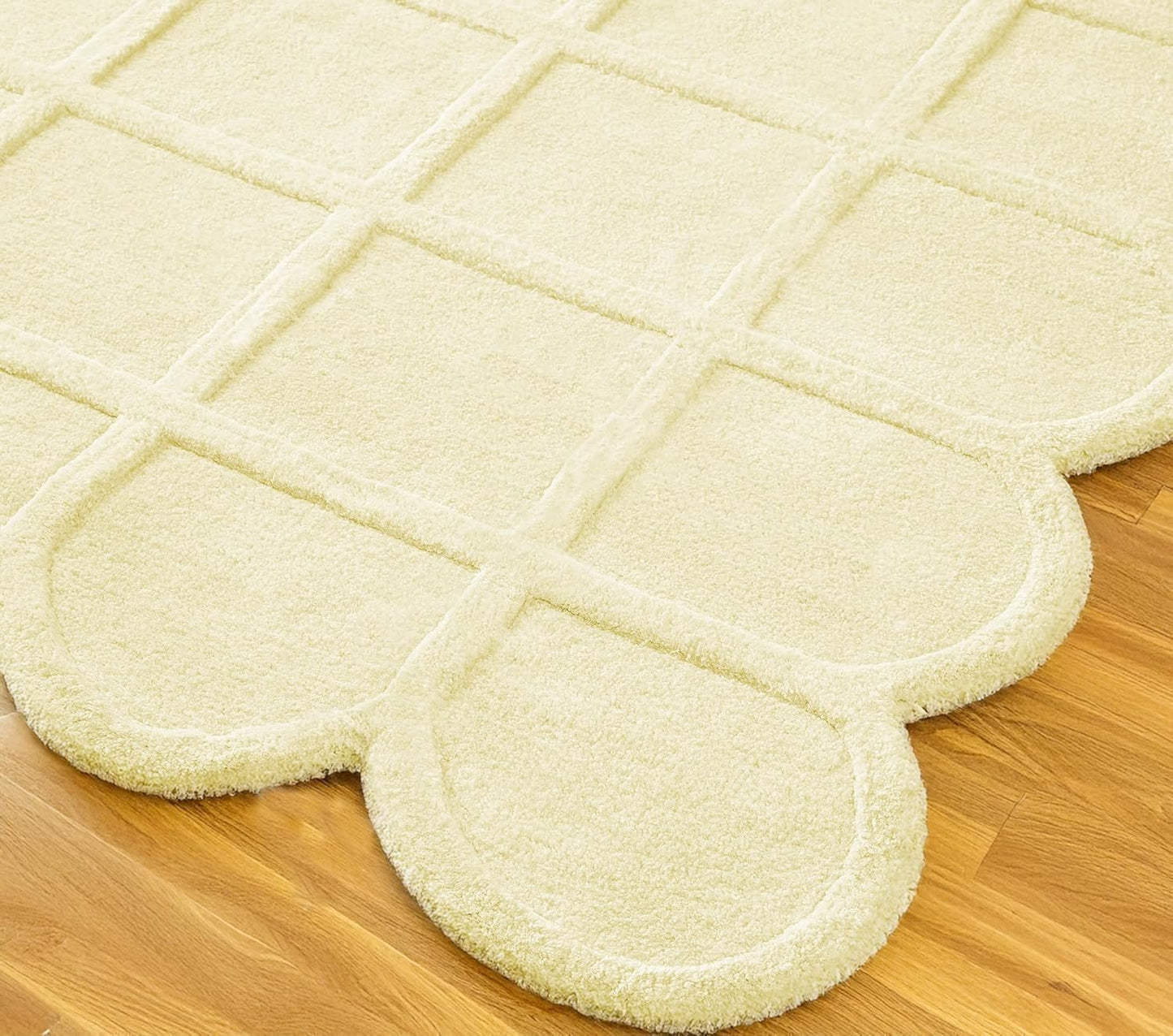 Scallop Shaped Luxury Handmade Wool, Hand-Tufted Premium Area Rug with Non-Slip Natural Cotton Backing for Living Room & Bedroom(Light Yellow,2'6''x12',Runner)