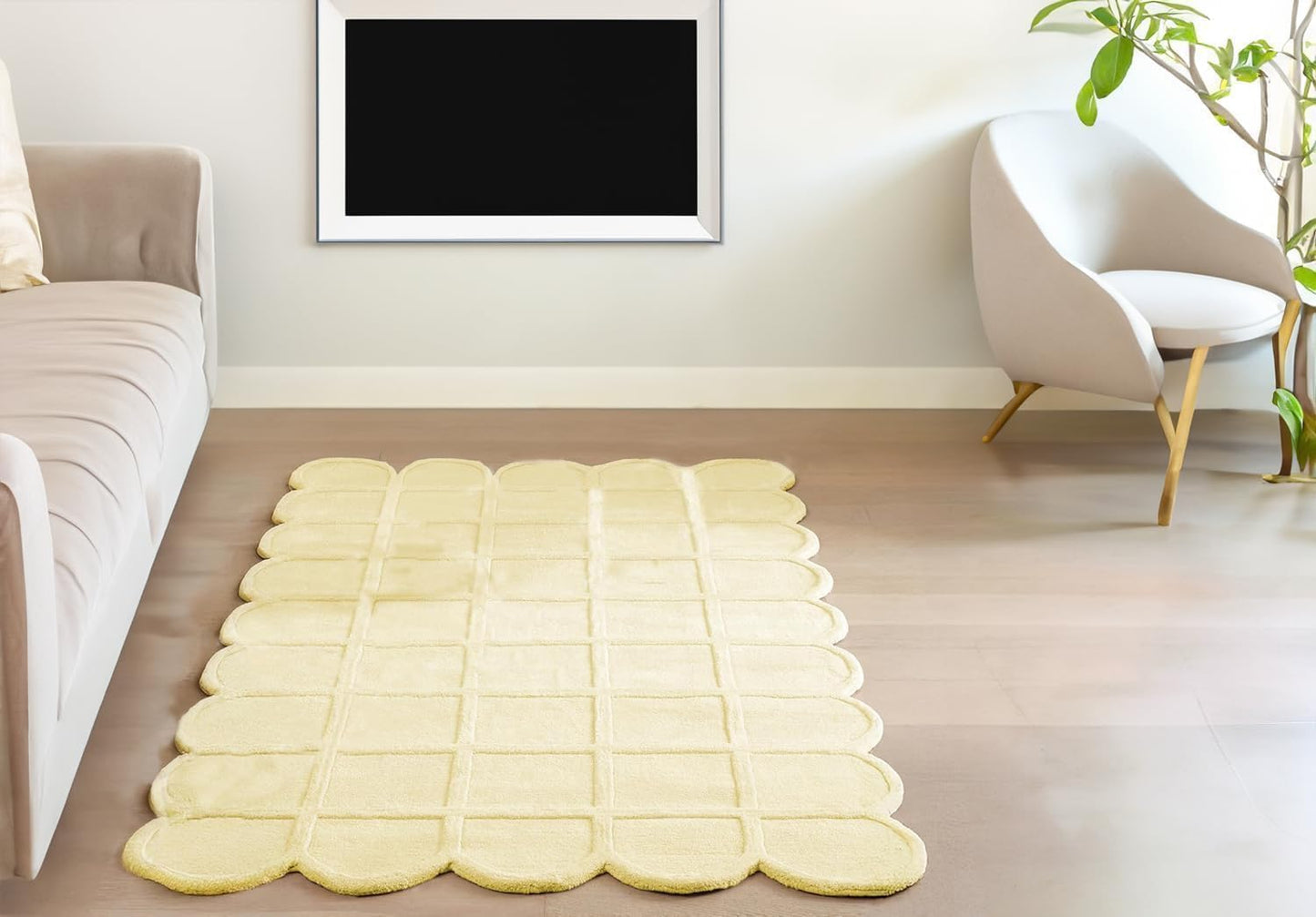 Scallop Shaped Luxury Handmade Wool, Hand-Tufted Premium Area Rug with Non-Slip Natural Cotton Backing for Living Room & Bedroom(Light Yellow,2'6''x12',Runner)
