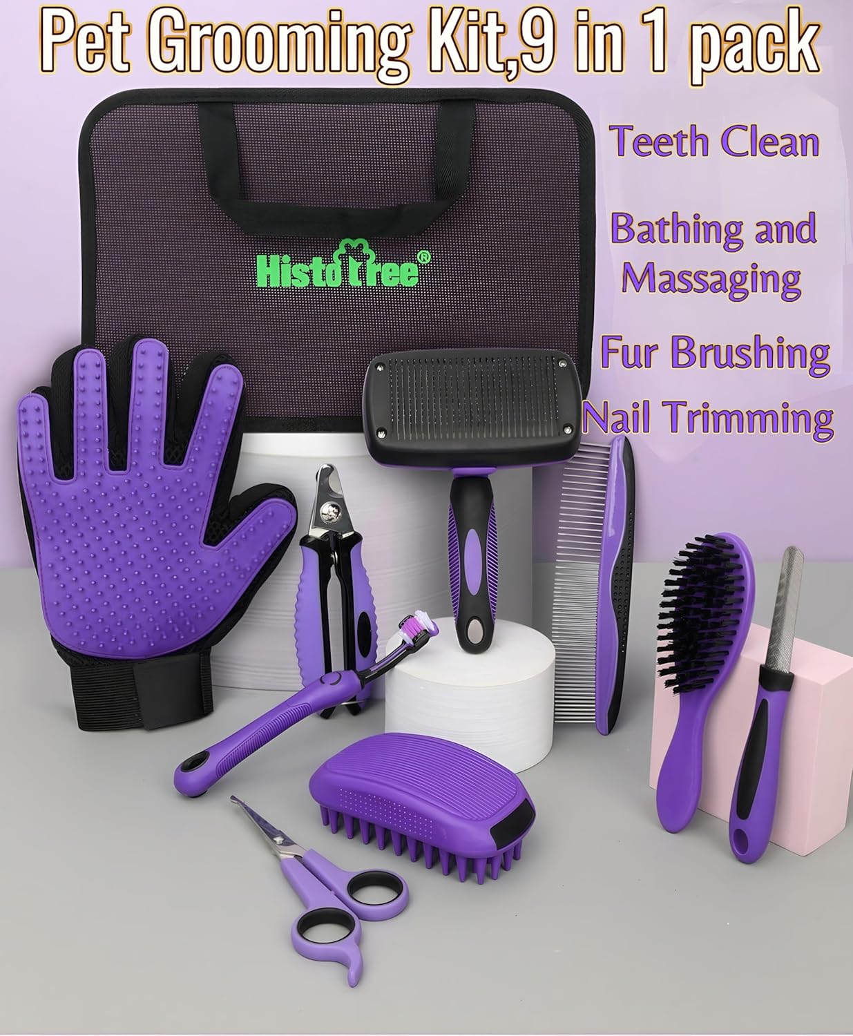 Cat Grooming Kit 9-Packs Kitten Puppy Grooming Kit for Dogs | Pet Dog Cat Rabbits Bath Grooming Tools Brush Kit Dog Nail Clippers and Cat Trimming Tools for Short Long Hair Dog Cat