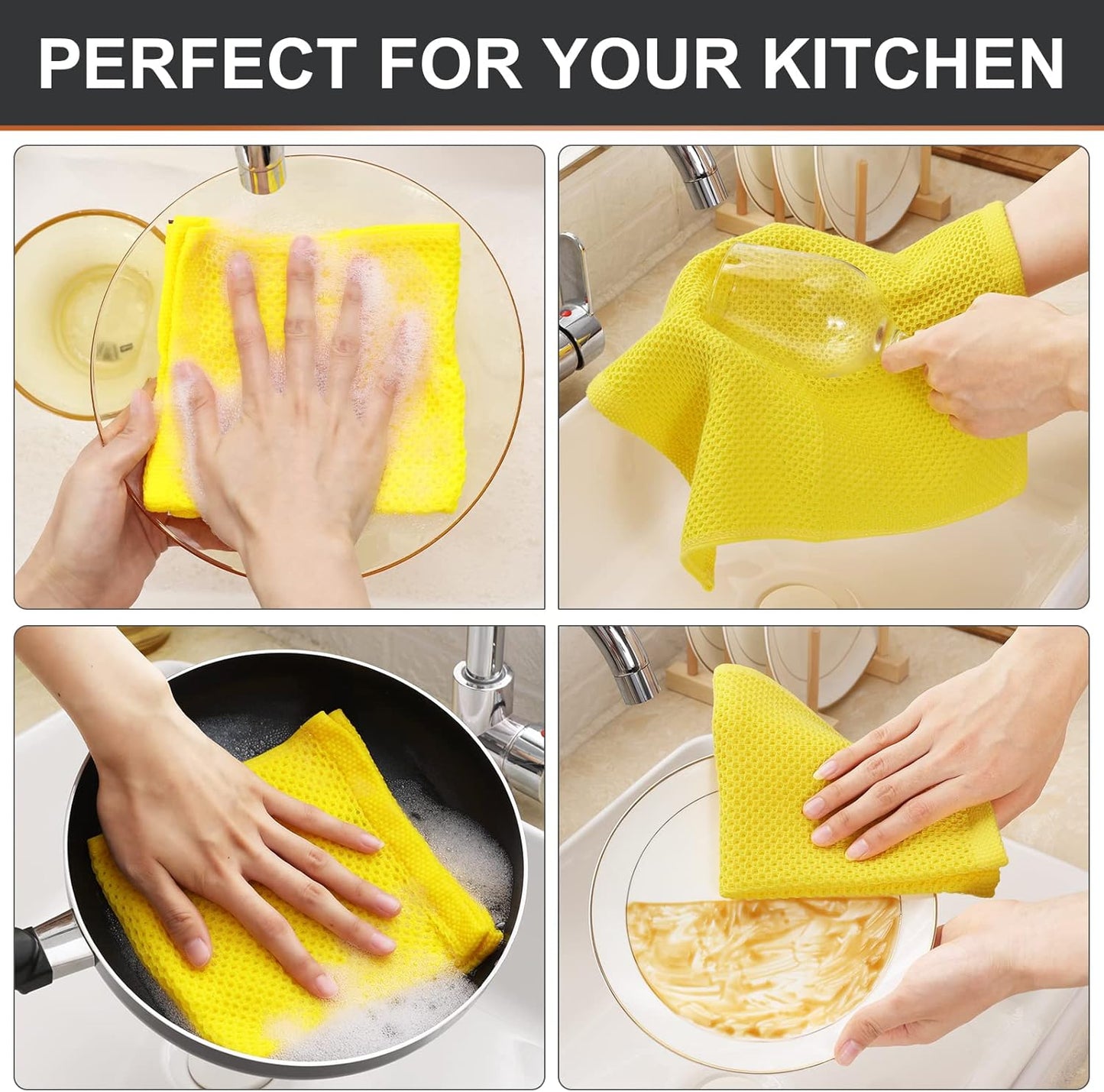 100% Cotton Kitchen Dish Cloths (12 X 12 Inches, Yellow), 6 Pack Waffle Weave Ultra Soft Absorbent Dish Towels for Drying Dishes Quick Drying Kitchen Towels Dish Rags