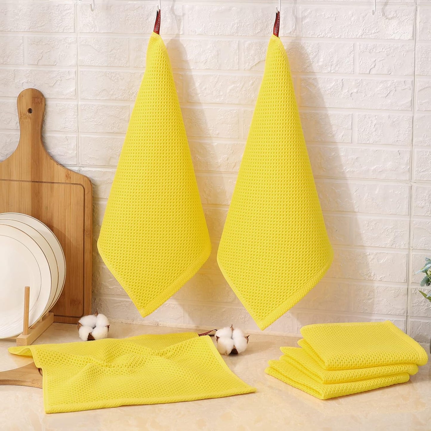100% Cotton Kitchen Dish Cloths (12 X 12 Inches, Yellow), 6 Pack Waffle Weave Ultra Soft Absorbent Dish Towels for Drying Dishes Quick Drying Kitchen Towels Dish Rags