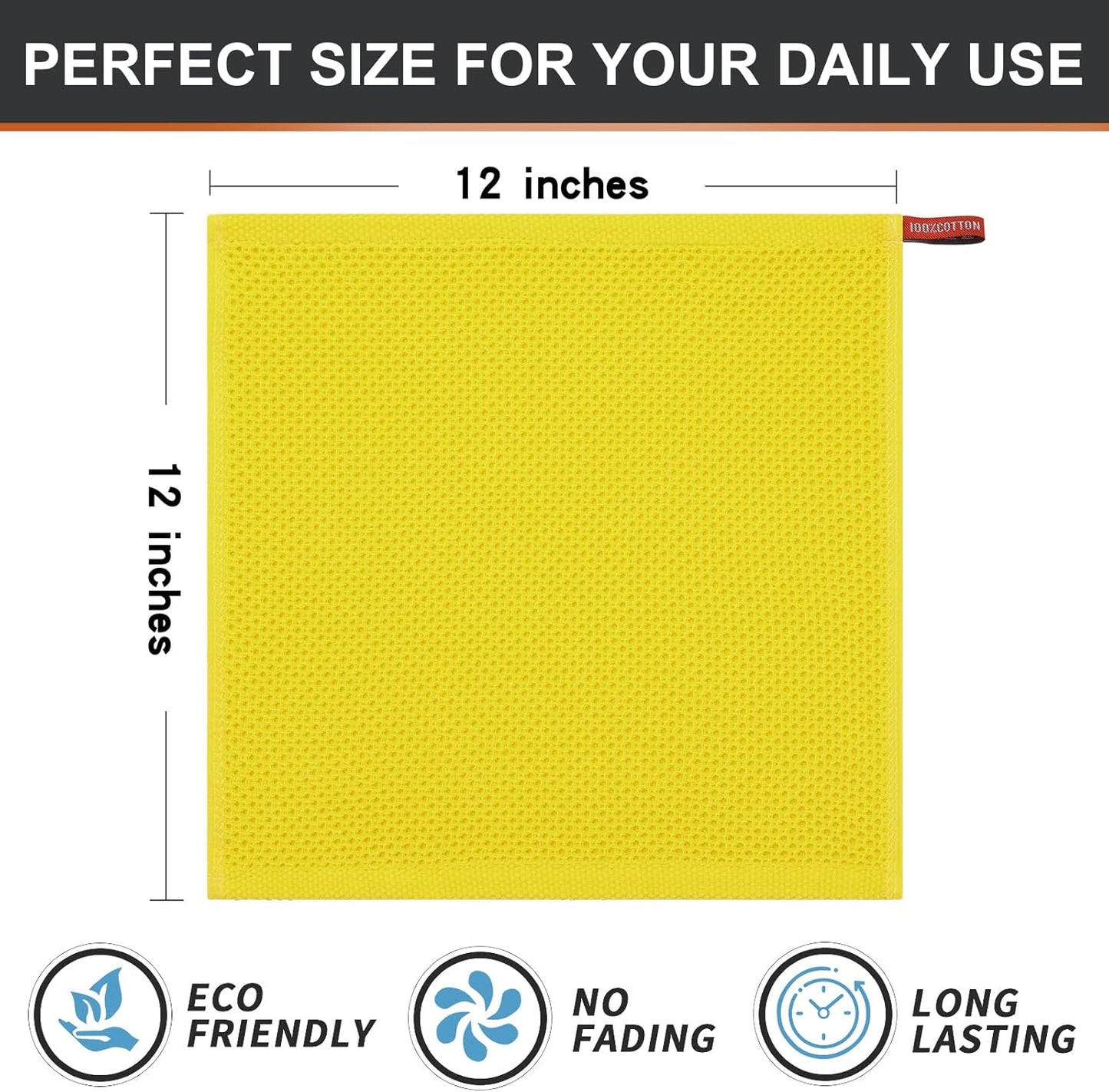 100% Cotton Kitchen Dish Cloths (12 X 12 Inches, Yellow), 6 Pack Waffle Weave Ultra Soft Absorbent Dish Towels for Drying Dishes Quick Drying Kitchen Towels Dish Rags
