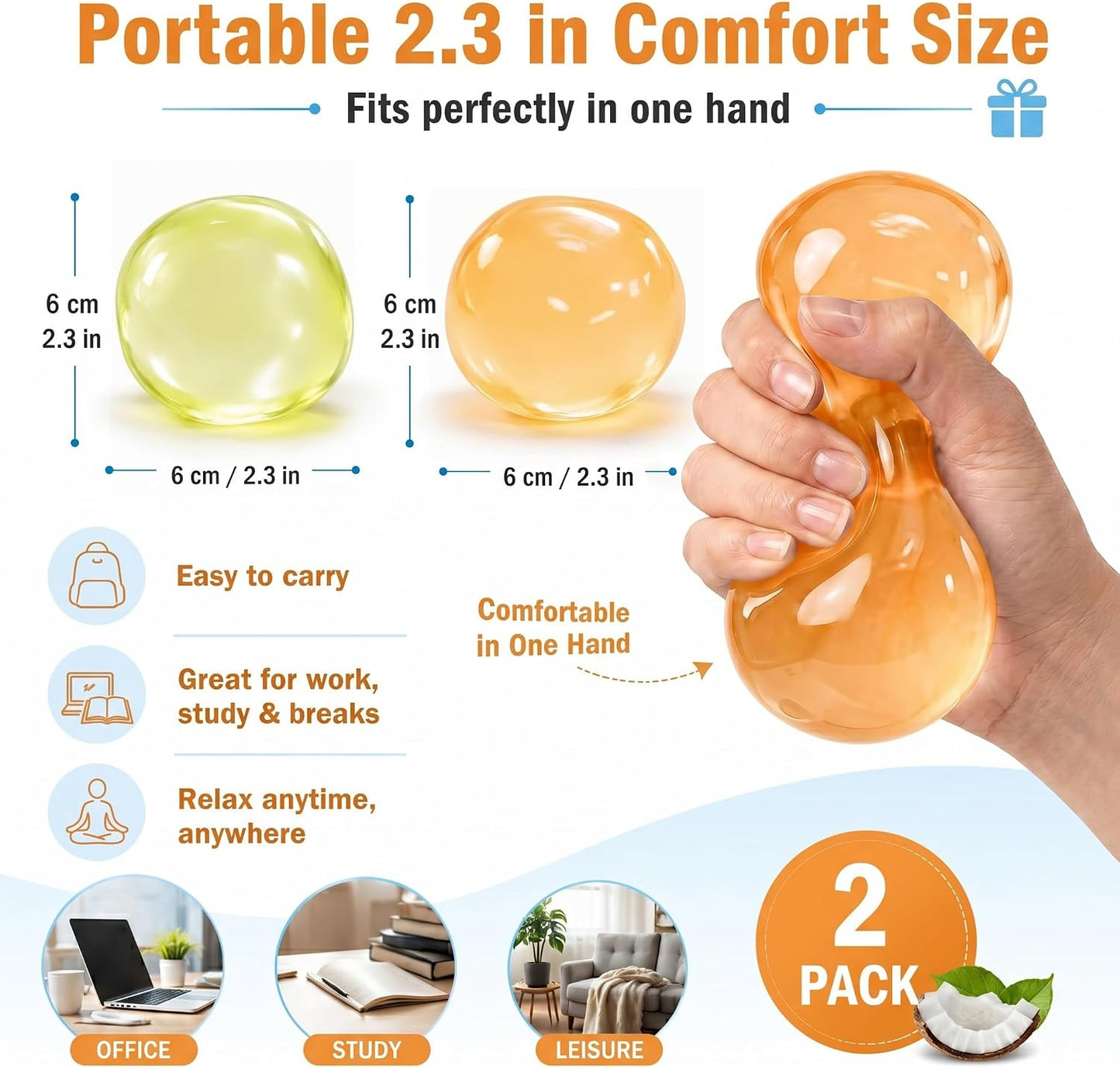 2PCS Coconut Oil Squishy for Anxiety & Relaxation, Yellow & Orange | Coconut Oil Stress Ball, Slow Rising Fidget Squeeze Toy for Work, Office, Party Favors, Gift for Adults