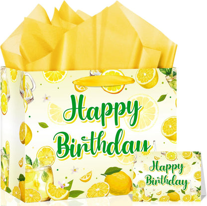 Lemon Happy Birthday Gift Bag Yellow Lemons Theme Party Wrapping with Tissue Paper and Card Decorations for Kids Adult Summer Fruit Birthday Baby Shower Lemonade Party Favors Gift Wrap Bag Supplies